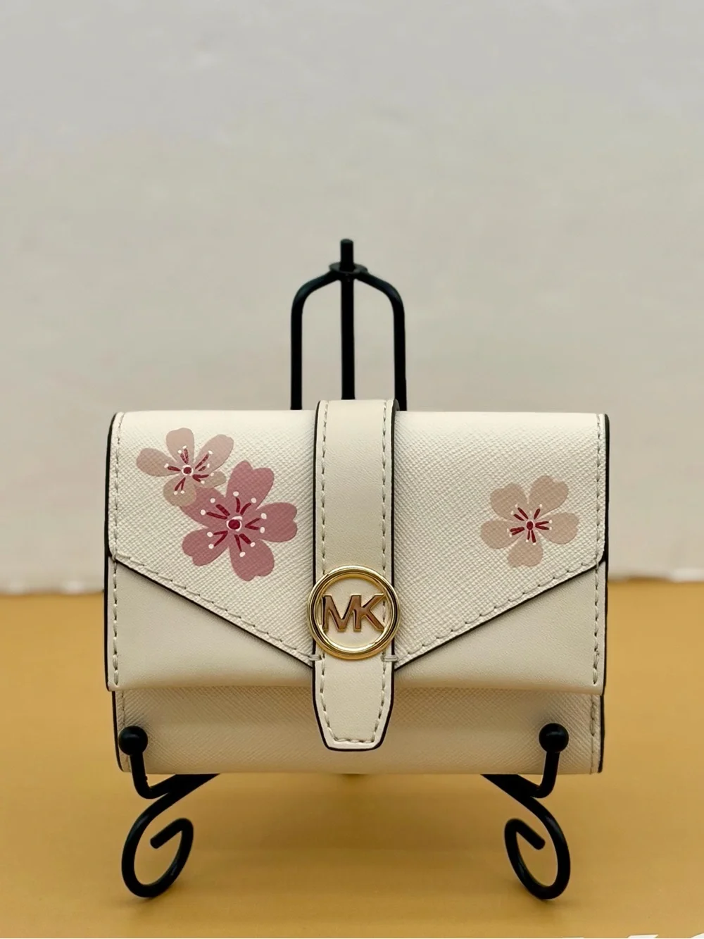 Michael Kors Ivory Compact Wallet with Pink Floral Accents